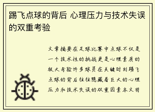 踢飞点球的背后 心理压力与技术失误的双重考验