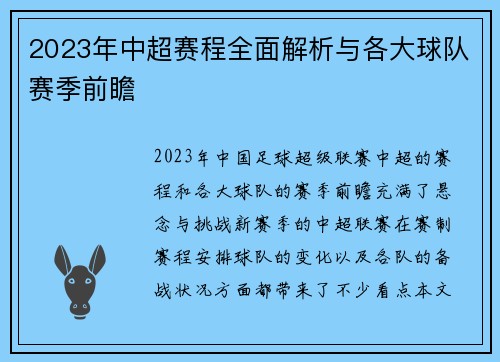 2023年中超赛程全面解析与各大球队赛季前瞻