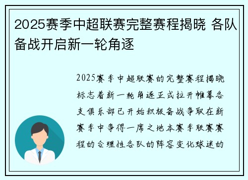 2025赛季中超联赛完整赛程揭晓 各队备战开启新一轮角逐