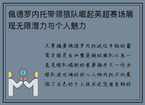 佩德罗内托带领狼队崛起英超赛场展现无限潜力与个人魅力